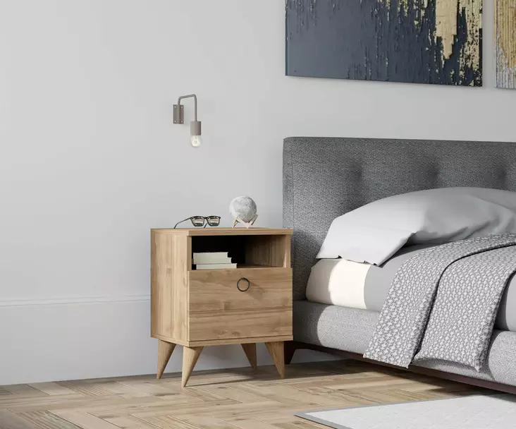 Yöpöytä - Huonekalut, Pähkinä, 100% Melamiinipinnoitettu Lastulevy, 18mm, 40x50x40cm, Useita Hyllyjä, Lisäsäilytystila - Pöydät - 8681875809312 - 1