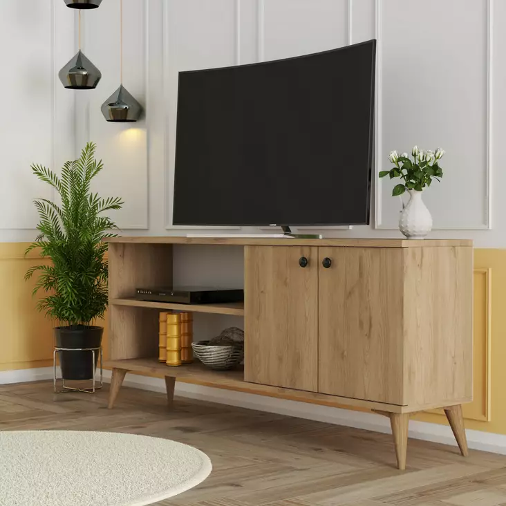TV-taso, Tammi, 100% Melamiinipinnoitettu Lastulevy, 138x60x29,5 cm, Useita Hyllyjä, Kiinnitettävä Seinäkiinnitys - TV-tasot - 8683342214452 - 1