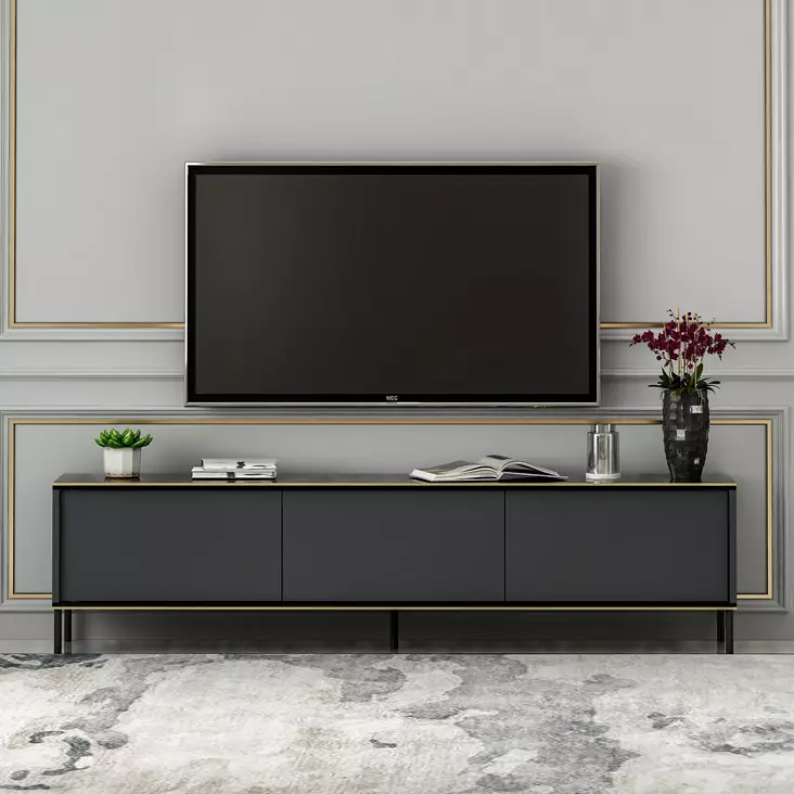 TV-taso Anthracite 180x45,2x35 cm - Kestävä Melamiinipinnoitettu Lastulevy, Useita Hyllyjä, Seinään Kiinnitettävä - TV-tasot - 8683743528042 - 1