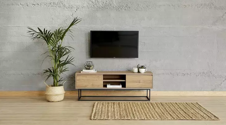 TV-taso, 140x50x40 cm, Pähkinä/Musta, 100% Melamiinipinnoitettu, Metallijalat, 2 Vetolaatikkoa, Useita Hyllyjä - TV-tasot - 8681875391282 - 1