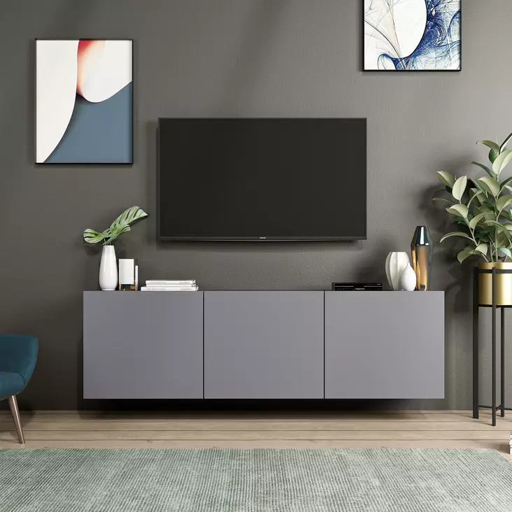 Skandinaavinen TV-taso, Anthracite, 100% Melamiinipinnoitettu, 150x44x31 cm, Useita Hyllyjä, Seinään Kiinnitettävä - TV-tasot - 8683743316182 - 1