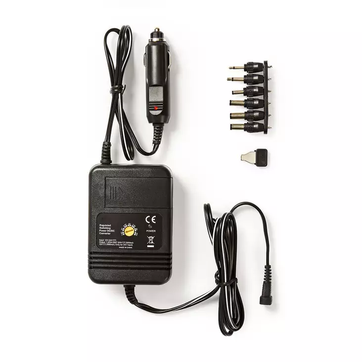 DC Yleisvirtalähde | Autoadapteri | 24 W | Tulojännite: 12 V DC / 24 V DC | 1.5 / 3 / 4.5 / 6 / 7.5 / 9 / 12 V DC | Yleismalli | Musta - Autolaturit - 5412810267262 - 1