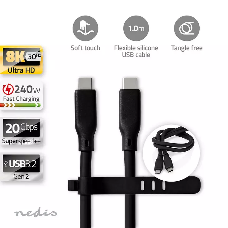 USB kaapeli | USB 3.2 Gen 2 | USB-C Uros | USB-C Uros | 240 W | 8K@30Hz | 20 Gbps | Niklattu | 1.00 m | Pyöreä | Silikoni | Valkoinen | Laatikko - Tietokone ja verkko - 5412810418022 - 1