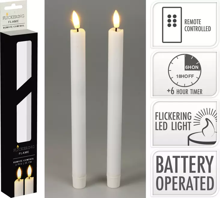 Led kruunukynttilä 2 kpl 25 cm valkoinen kaukosäätimellä ajastin turvallinen sisäkäyttöön - Led-kynttilät ja lyhdyt - 8721037188142 - 1