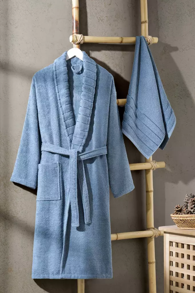 Indigo Sininen Kylpytakkisetti - 100% Puuvillaa, L/XL, Konepestävä 30 °C, Sisältää Käsipyyhkeen 50x90 cm - Pyyhkeet ja kylpytakit - 8684283617142 - 1