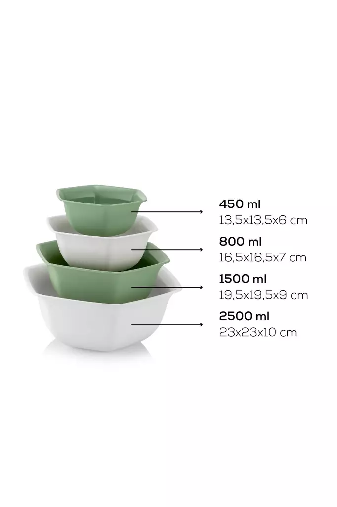 Keittiövälineet: Vihreä Kulhosetti (4 osaa) - 100% Muovia, Astianpesukoneen Kestävä, Ei Mikroaaltouuniin, Koot 450-2500 ml - Tarjoiluastiat - 8684283210572 - 1
