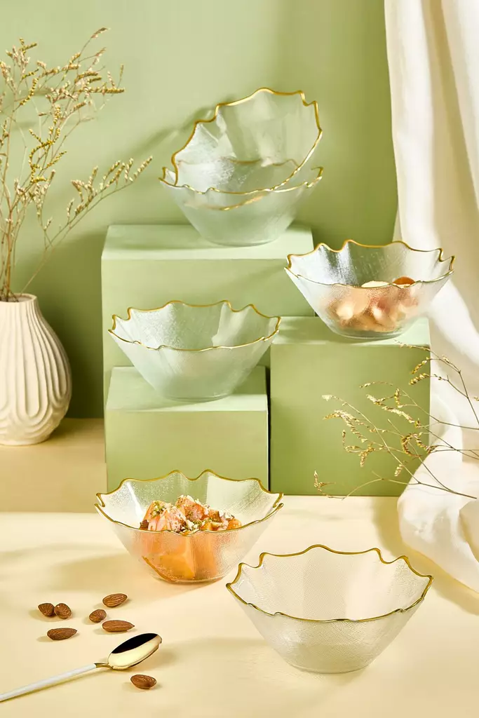 Lasiset Kulhosetti 6 kpl - 15 cm - Kullattu Reuna - Elegantti Keittiöväline - Ei Astianpesukone- tai Mikroaaltouuniturvallinen - Tarjoiluastiat - 8684283796212 - 1