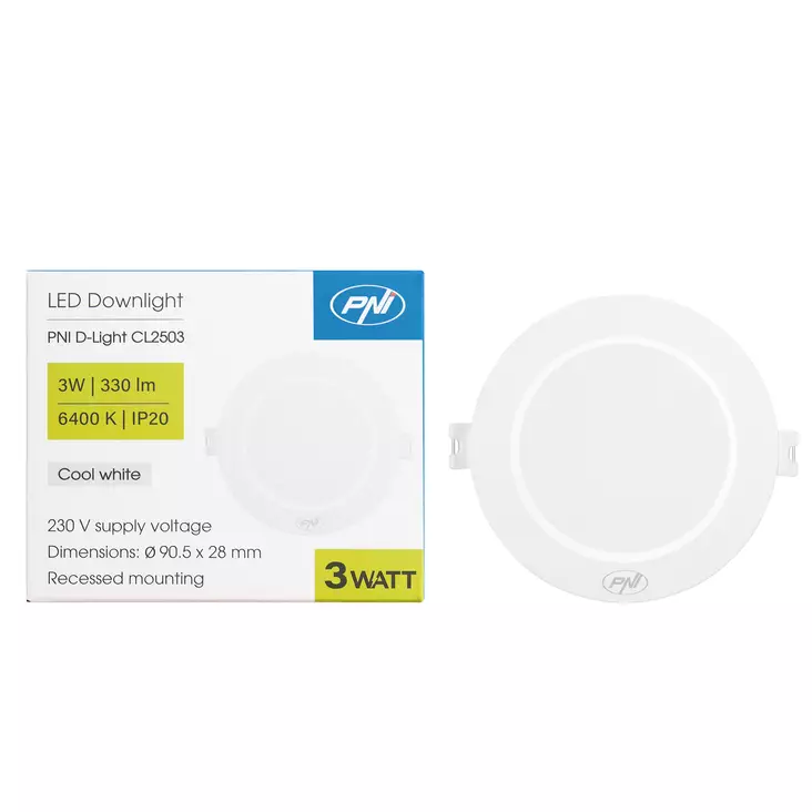 LED-kohdevalaisin PNI D-Light CL2503 3W, upotettava, pyöreä 9 cm, 6400K, 230 V virtalähde, 330 lm, kylmä valkoinen - PNI tuotteet - 5949066543142 - 1