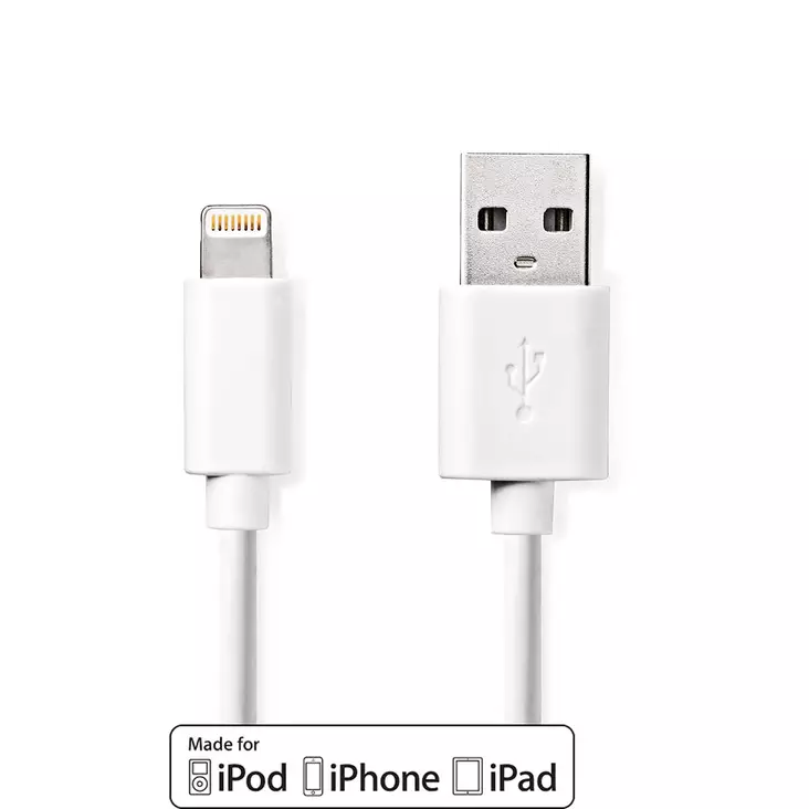 Lightning Kaapeli | USB 2.0 | Apple Lightning 8-Pin | USB-A Uros | 480 Mbps | Niklattu | 2.00 m | Pyöreä | PVC | Valkoinen | Label - Nedis tuotteet - 5412810421022 - 1