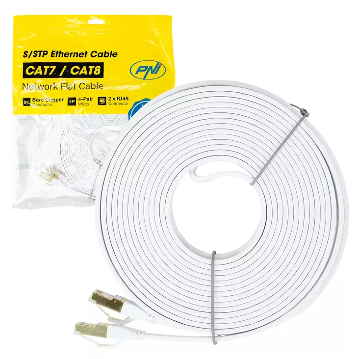 Litteä verkkokaapeli S/STP CAT8 PNI U8100W, 2 x RJ45, 4 paria johtoja, 28AWG, kupari, 40 Gbps, 2000 MHz, 10m, valkoinen - PNI tuotteet - 5949066538582 - 1