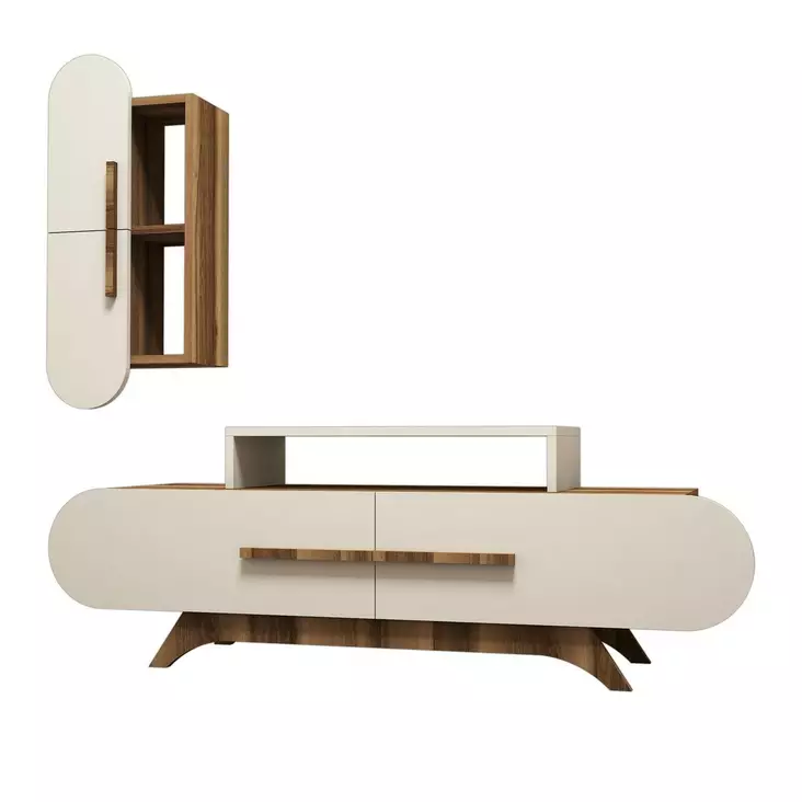 Moderni TV-taso, Pähkinä-Kerma, 100% Melamiinipinnoitettu, 145x49,8x36,8 cm, Useita Hyllyjä, Kiinnitettävä Seinään - TV-tasot - 8681875184792 - 1