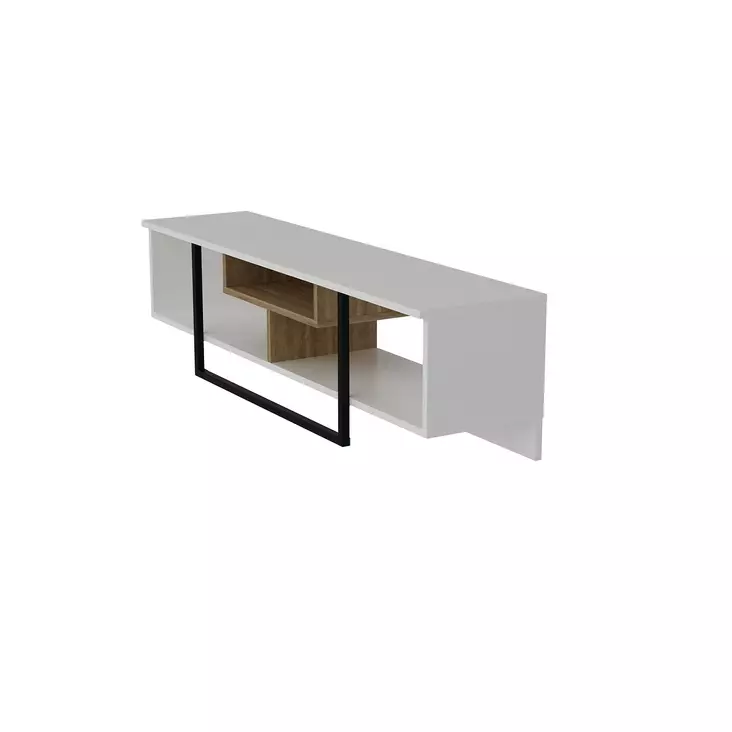 Moderni TV-taso, Valkoinen/Musta/Tammi, 100% Melamiinipinnoitettu, 149,4x40,2x35,2 cm, Useita Hyllyjä, Kiinnitettävä Seinäälle - TV-tasot - 8681875670332 - 1