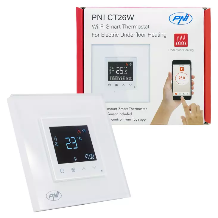 PNI CT26W WiFi Smart Thermostat sähköiseen lattialämmitykseen tai pumppaukseen, lattiasensori mukana, tasaasennus, ohjaus PNI Smart- tai Tuya-sovelluksella, päivittäinen ohjelmointi, manuaalinen/autom - PNI tuotteet - 5949066535642 - 1