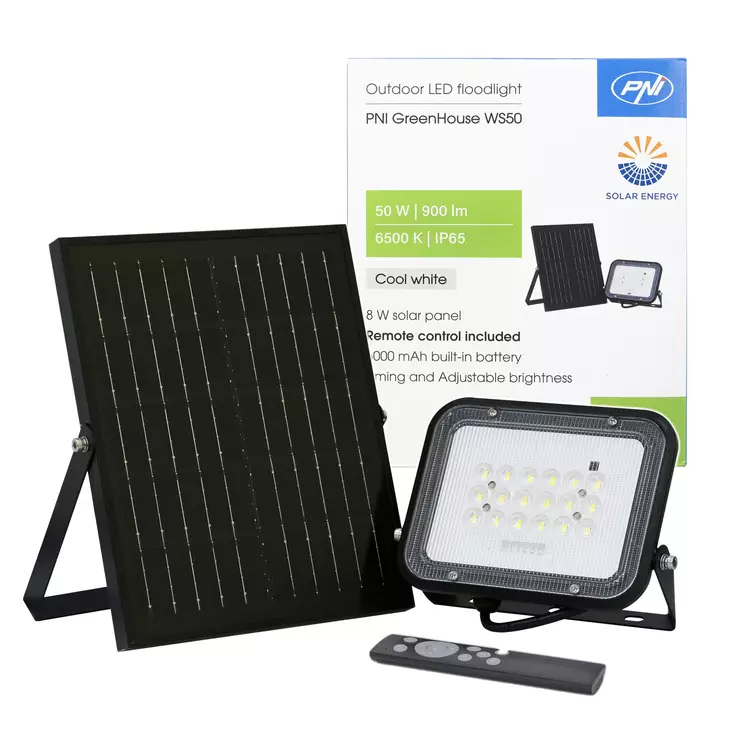 PNI GreenHouse WS50 50W LED-heijastin aurinkopaneelilla, 6000mAh akku, kaukosäädin, säädettävä ajoitus ja kirkkaus, 6500 K, IP65 - PNI tuotteet - 5949066538452 - 1