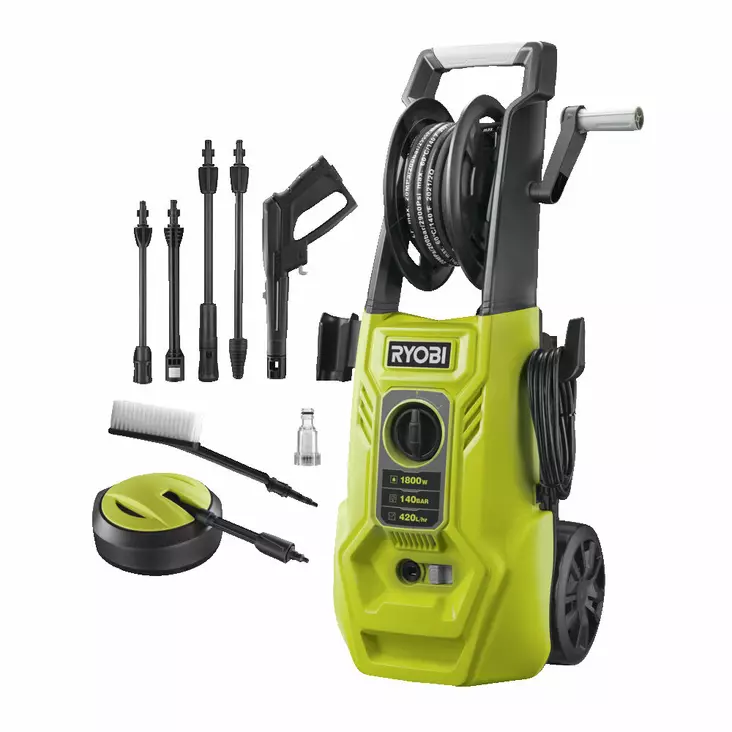 Ryobi painepesuri 140 bar 1800W, 420 l/h, 6m teräsvahvistettu letku - Painepesurit - 4892210195142 - 1