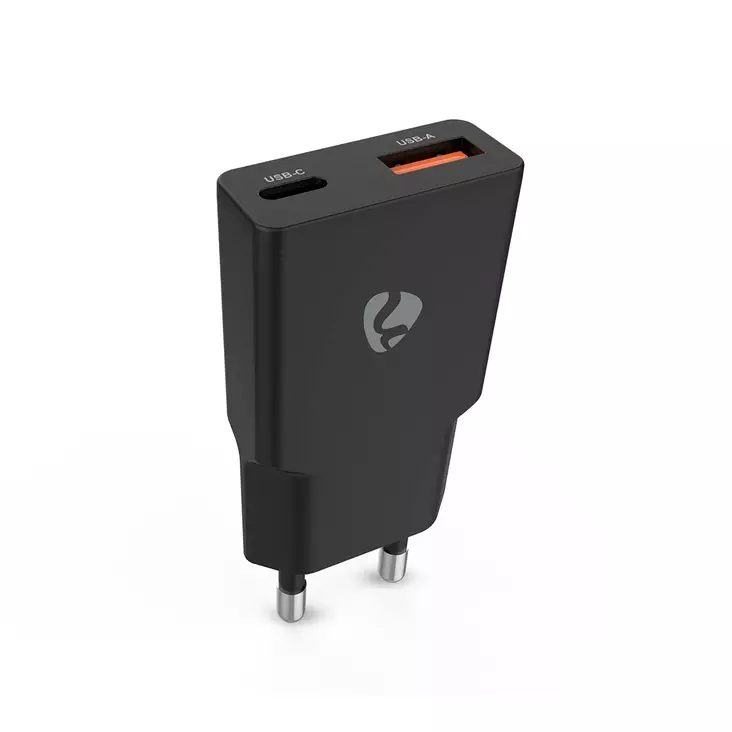 Seinälaturi | 20 W | GaN | PD3.0 | 1.5 / 2.0 / 2.22 A / 3.0 A | Lähtöliitäntöjen määrä: 2 | USB-A / USB-C | Automaattinen Jännitteen Valinta | Musta - Verkkolaturit - 5412810470242 - 1