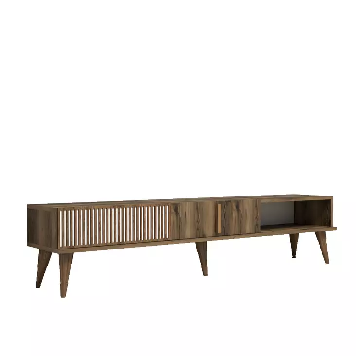 TV-taso, 180x40x35 cm, Pähkinä, 100% Melamiinipinnoitettu Lastulevy, Useita Hyllyjä, Kiinnitettävissä Seinäkiinnityksellä - TV-tasot - 8683342170062 - 1