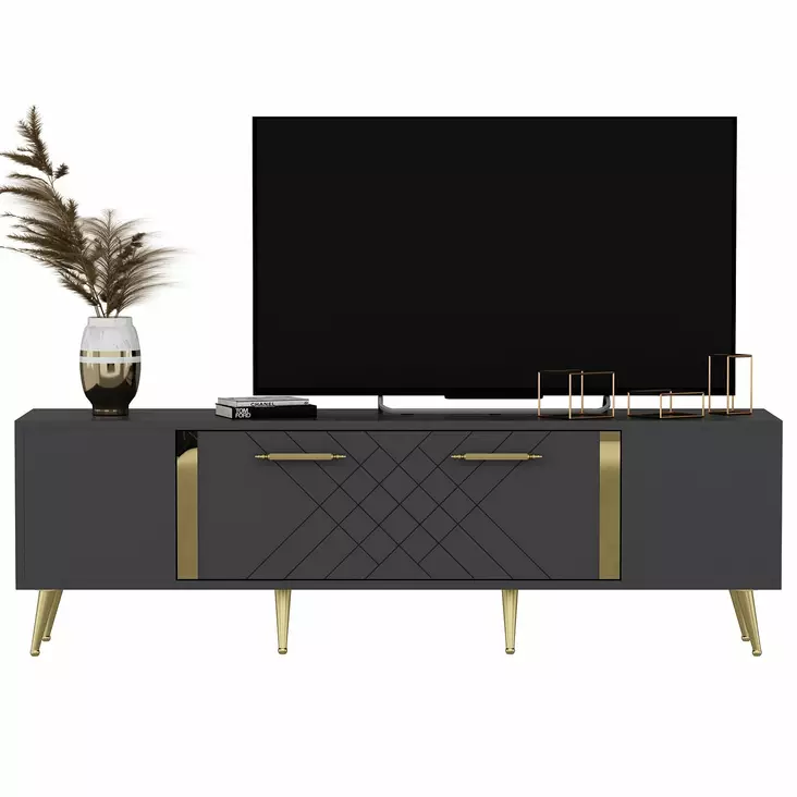 TV-taso, Anthracite Gold, 100% Melamiinipinnoitettu Lastulevy, 150x48,2x35 cm, Useita Hyllyjä, Lisäsäilytystilaa - TV-tasot - 8683743397822 - 1