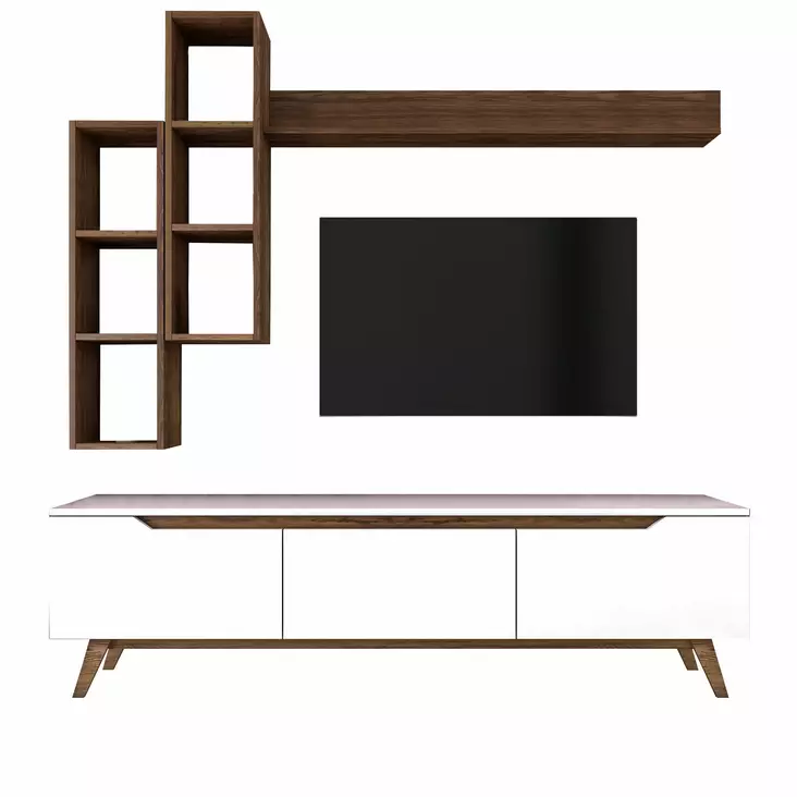 TV-taso Valkoinen Pähkinä 100% Melamiinipinnoitettu Hiukkaslevy 180x48,6x35 cm Seinähyllyt 22,1x90x20,3 cm 133x15x15 cm - TV-tasot - 8681875460872 - 1