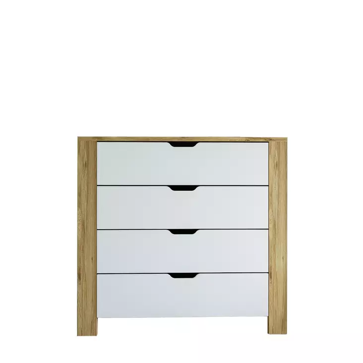 Tyylikäs Lipasto: 90x85x42 cm, 4 Vetolaatikkoa, Vaalea Pähkinä Valkoinen, 100% Melamiinipinnoitettu, Helppo Koota - Lipastot ja senkit - 8684282617662 - 1