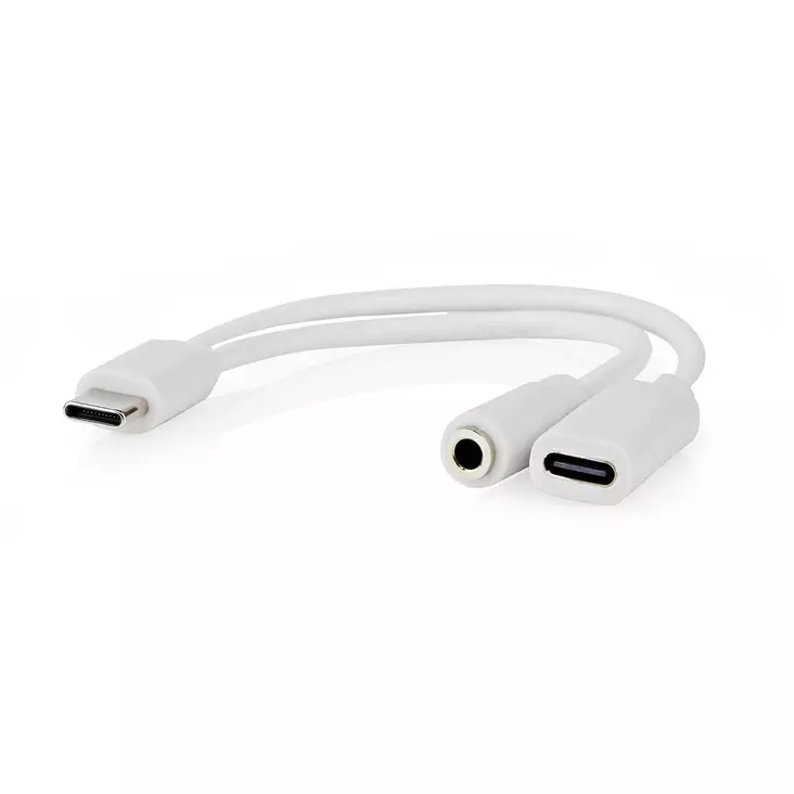 USB-C Sovitin | USB 2.0 | USB-C Uros | USB-C Naaras / 3.5 mm naaras | 0.10 m | Pyöreä | Niklattu | PVC | Valkoinen | Laatikko - Tietokone ja verkko - 5412810419272 - 1