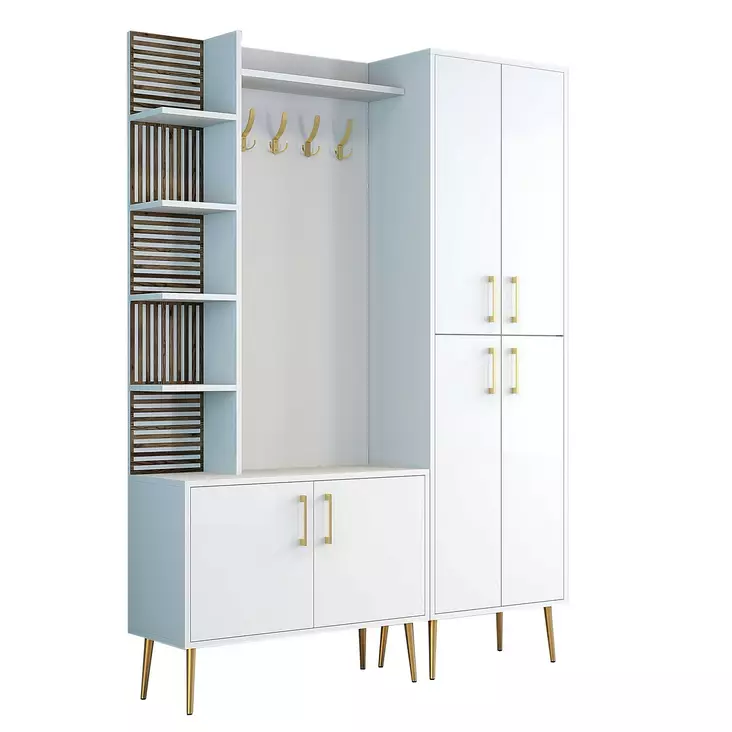 Valkokultainen Hall Stand - 100% Melamiinipinnoitettu Lastulevy, 18mm, 150x202x35cm, 5 Pakettia, Helppo Koota - Eteiskaapit - 8684282465782 - 1