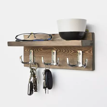 Käsintehty Seinä Hylly 100% Kuusipuuta, Pähkinä, 30x13x11 cm, Moderni-Rustiikki, Avainnaulakko, Asennusvalmis - Seinähyllyt - 8681875072303 - 1