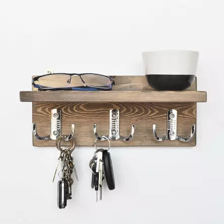 Käsintehty Seinä Hylly 100% Kuusipuuta, Pähkinä, 30x13x11 cm, Moderni-Rustiikki, Avainnaulakko, Asennusvalmis - Seinähyllyt - 8681875072303 - 2