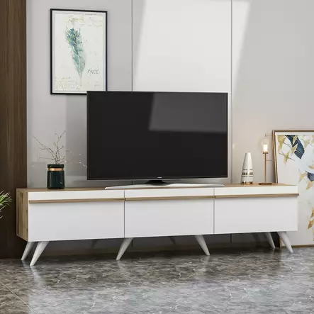Valkoinen TV-taso 180x42x35 cm, 100% Melamiinipinnoitettu, Useita Hyllyjä, Seinään Kiinnitettävä, Kestävä ja Tyylikäs - TV-tasot - 8683743678433 - 2