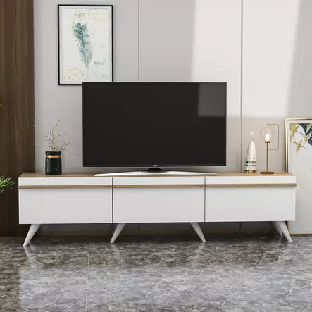 Valkoinen TV-taso 180x42x35 cm, 100% Melamiinipinnoitettu, Useita Hyllyjä, Seinään Kiinnitettävä, Kestävä ja Tyylikäs - TV-tasot - 8683743678433 - 1