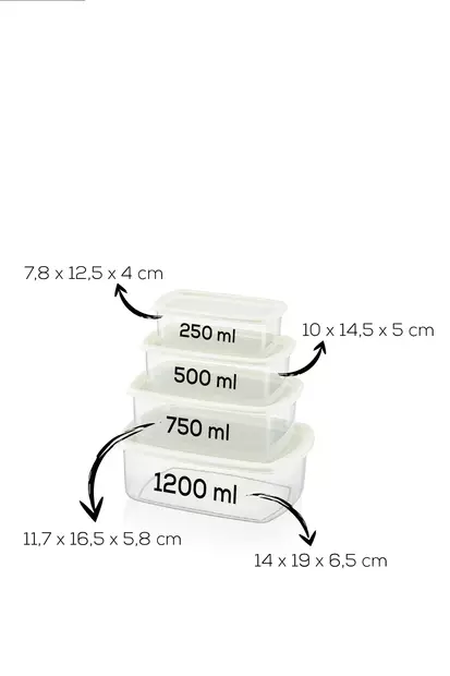 Keittiötarvikkeet: Harmaa Muovinen Säilytyslaatikko 4 kpl Setti - Koot 250ml, 500ml, 750ml, 1200ml - Konepesun Kestävä - Eväsrasiat ja ruoansäilytysastiat - 8684283210633 - 1