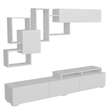 Moderni TV-taso, valkoinen, 100% melamiinipinnoitettu, 210x30x35 cm, seinäkiinnitys, useita hyllyjä, 2 pakettia - TV-tasot - 8681181980033 - 1