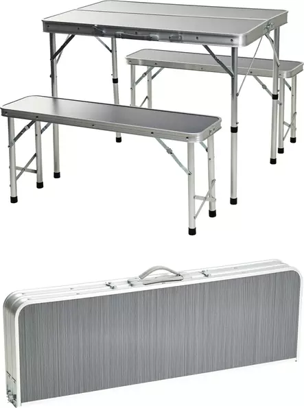 Retkipöytä ja penkit, kokoontaitettava, alumiinirunko, harmaa mdf, vedenkestävä, kantolaukku mukana - Pihakalusteryhmät - 8721037375733 - 1