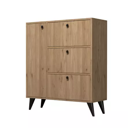 Tammivärinen Kenkäkaappi - 100% Melamiinipinnoitettu Lastulevy, 3 Vetolaatikkoa, Useita Hyllyjä, 90x105x35 cm - Kenkäkaapit - 8683342214483 - 1