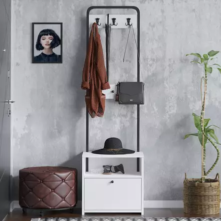 Tyylikäs ja Kestävä Eteisen Hall Stand - Valkoinen/Musta, 100% Melamiinipinnoitettu, 50x170x35 cm, 18 mm Paksuus - Eteiskaapit - 8683743850723 - 2