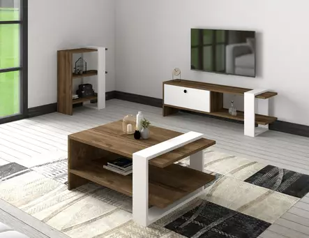 Tyylikäs Olohuoneen Kalustesetti - Pähkinä Valkoinen - 100% Melamiinipinnoitettu Lastulevy - TV-taso, Kirjahylly, Sohvapöytä - Huonekalut - 8683743975143 - 2