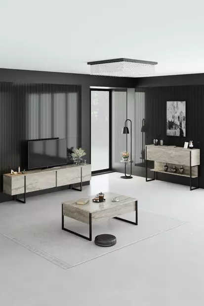 Tyylikäs Olohuoneen Kalustesetti - Travertine Musta - 100% Melamiinipinnoitettu - TV-taso, sohvapöytä, Lipasto - Huonekalut - 8684282970453 - 2