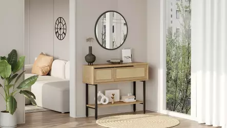 Walnut Oak -sivupöytä, 100% melamiinipinnoitettu, 18mm, 100x76x29,5cm, peili 60x60x1,8cm, metallijalat, 2 pakettia - Kaapit ja lipastot - 8684282369523 - 2