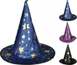 Noitahattu halloween 32cm polyesteri sininen musta violetti kultatähdet aikuisille ja lapsille - Puettavat juhlatarvikkeet - 8720573966603 - 1