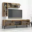 Moderni TV-taso, Pähkinä Sininen, 100% Melamiinipinnoitettu, 180x52x35 cm, Seinähyllyt 27,4x84x20 cm, 3 Pakettia - TV-tasot - 8681875444773 - 5