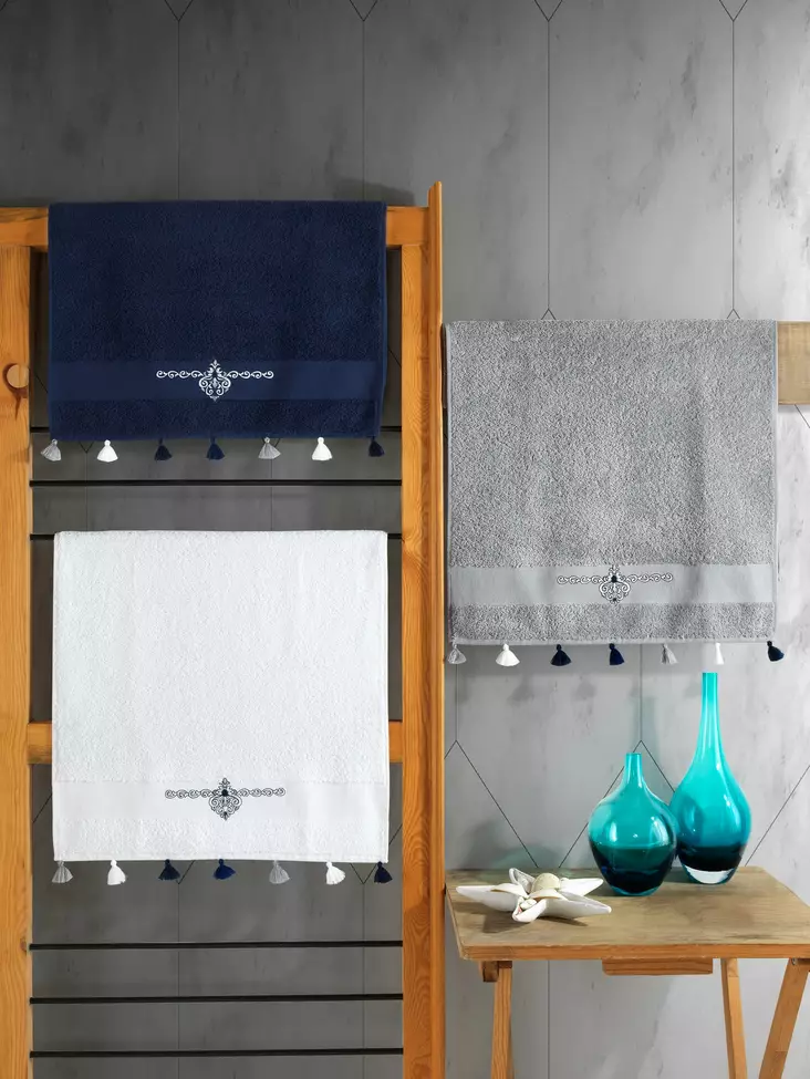 100% Puuvillaiset Käsipyyhesetti 3 kpl - Tummansininen, Valkoinen, Harmaa - 50x90 cm - Konepestävä 30°C - Pyyhkeet ja kylpytakit - 8682870695993 - 1