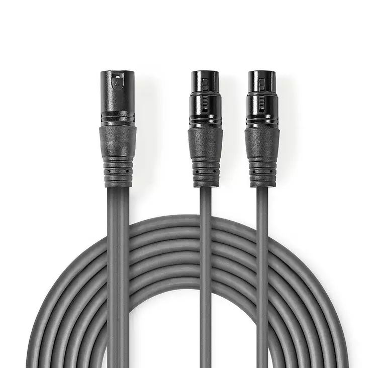 Balansoitu Audiojohto | XLR 3-Pin uros | 2x XLR 3-Pin naaras | Niklattu | 1.50 m | Pyöreä | PVC | Tummanharmaa | Pahvikotelo - Audiokaapelit - 5412810295593 - 1