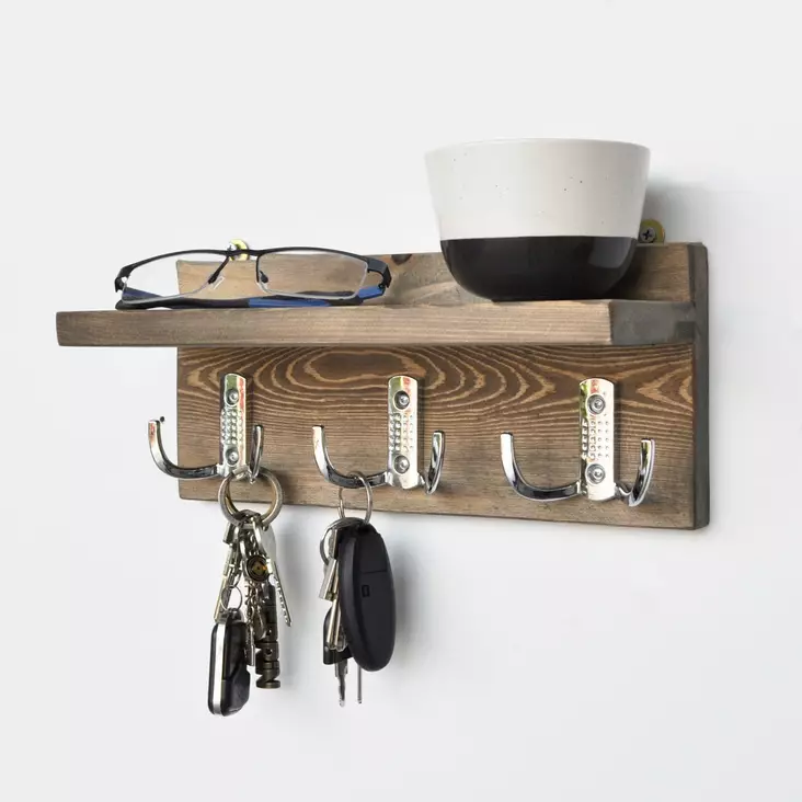 Käsintehty Seinä Hylly 100% Kuusipuuta, Pähkinä, 30x13x11 cm, Moderni-Rustiikki, Avainnaulakko, Asennusvalmis - Seinähyllyt - 8681875072303 - 1