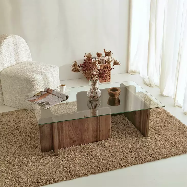 Walnut-sävyinen sohvapöytä, 100% karkaistu lasi, melamiinipinnoitettu runko, 105x30x65 cm, moderni ja kestävä design - Sohvapöydät - 8683342746823 - 1