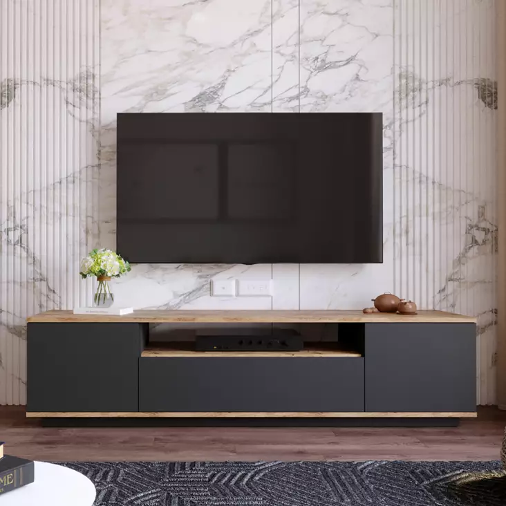 TV-taso, atlantinmänty antrasiitti, 180cm x 44,6cm x 44,5cm, kestävä, tilava, helppo koota - TV-tasot - 8683342403993 - 1