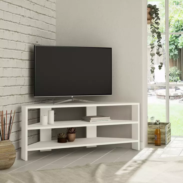 Valkoinen TV-taso, 100% melamiinipinnoitettu, 110x45x36 cm, useita hyllyjä, seinäkiinnitysmahdollisuus, moderni muotoilu - TV-tasot - 8681875104103 - 1