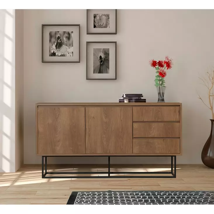 Moderni-Teollinen Konsoli: Tyylikäs ja Kestävä Huonekalu, 140x72x36 cm, Pähkinä Musta, 3 Vetolaatikkoa, Useita Hyllyjä - Lipastot ja senkit - 8682870773363 - 1