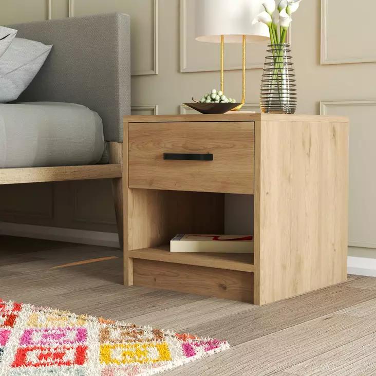 Yöpöytä Tammi 100% Melamiinipinnoitettu Lastulevy 18mm 52x46,8x45cm 1 Laatikko Useita Hyllyjä Seinäkiinnitys - Yöpöydät - 8683342214773 - 1