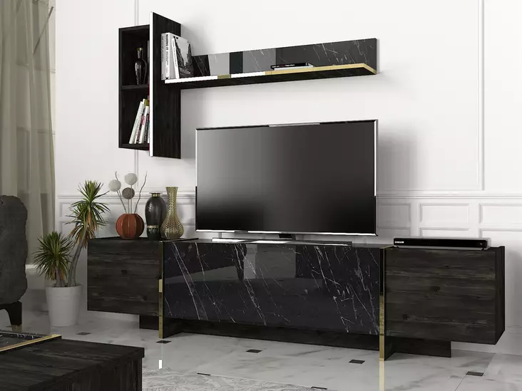 TV-taso Musta Kulta - 100% Melamiinipinnoitettu Lastulevy, 180x45x32,3 cm, Useita Hyllyjä, Kiinnitettävä Seinäkiinnitys - TV-tasot - 8681875669893 - 1