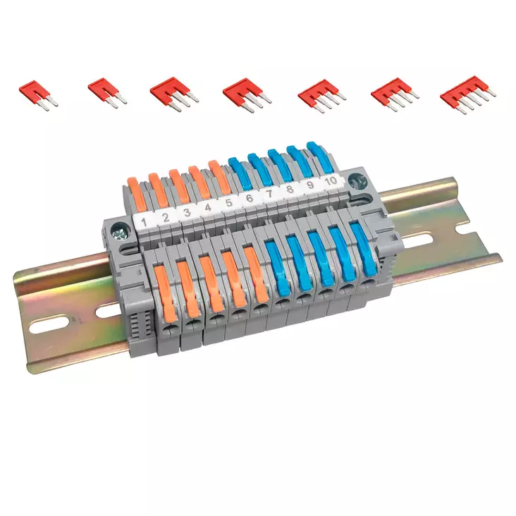 Din-kisko + vipurasialiitinsarja 10 kpl - Pistorasiat ja kytkimet - 6438152087763 - 1